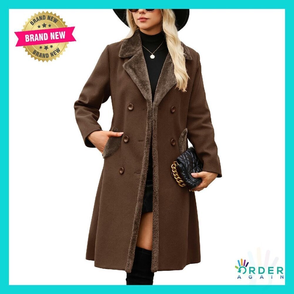 Double-Breasted Faux Fur Lapel Dress Coat Slim Fit Elegant Winter Jacket